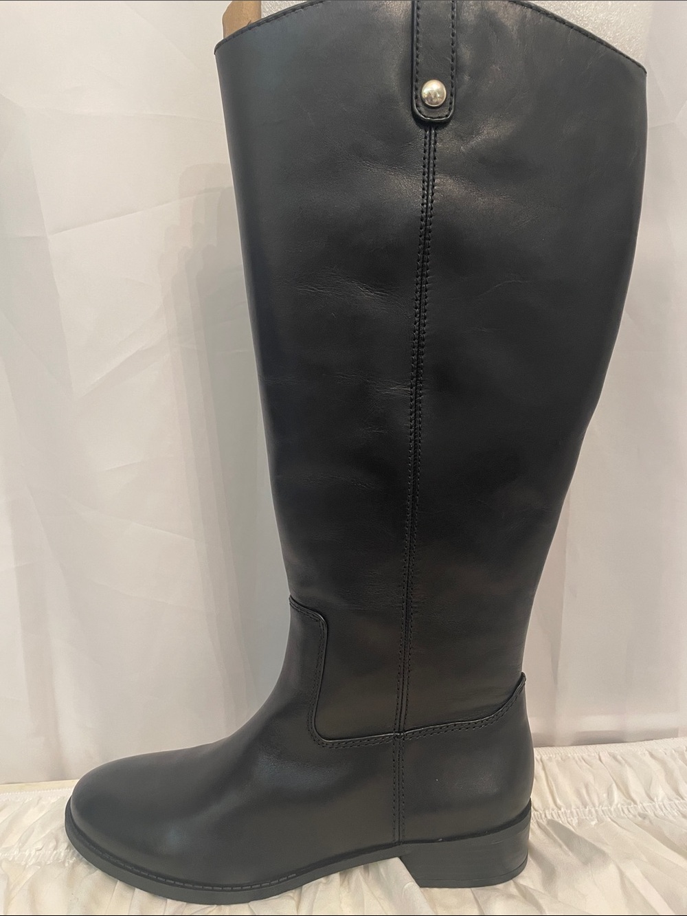 INC Black leather Riding Boots, Wide Calf, 18” Tall, 1” heel, side zip top loops - Picture 4 of 16